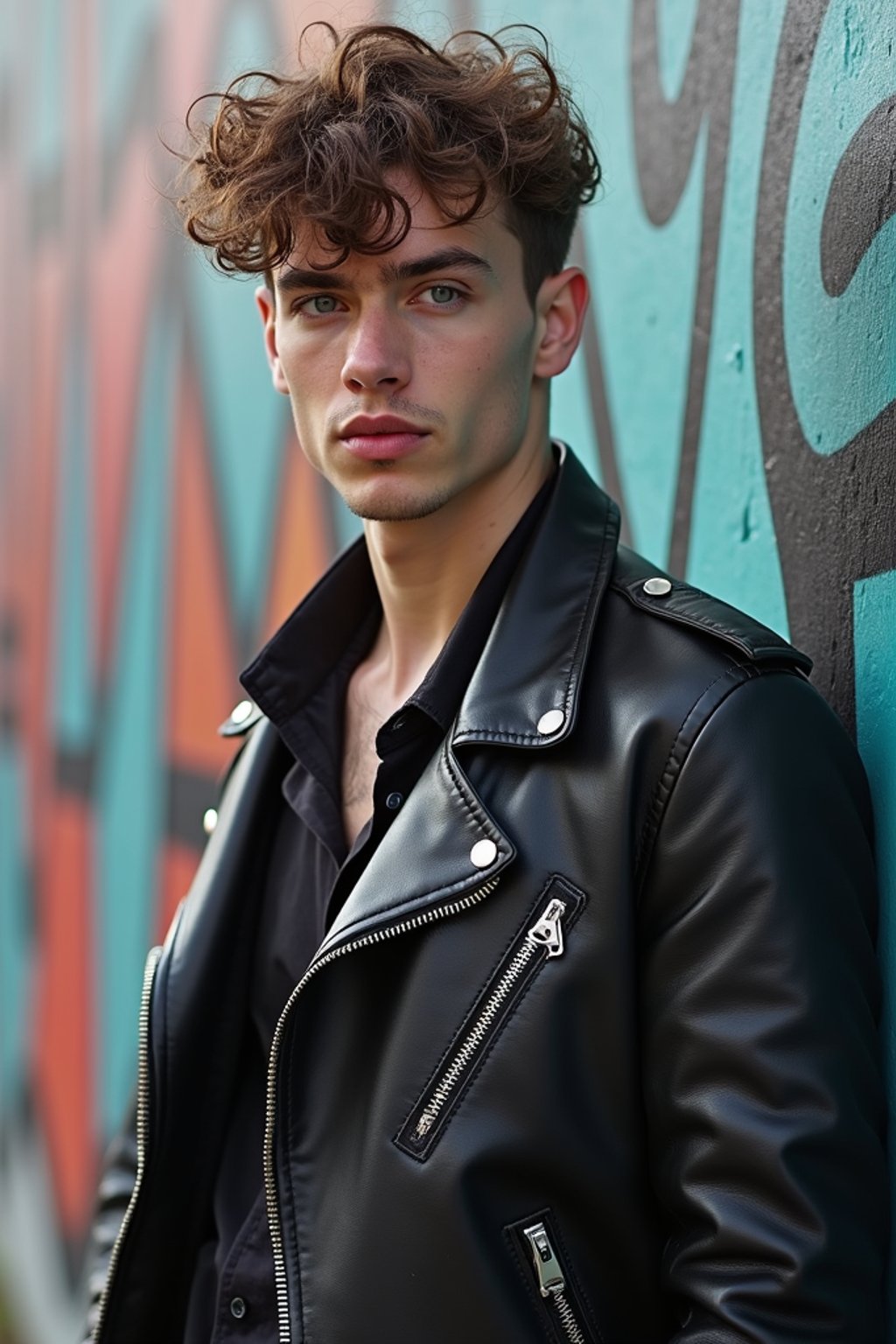 sharp and trendy man in Berlin wearing a grunge-inspired outfit, Berlin Wall in the background