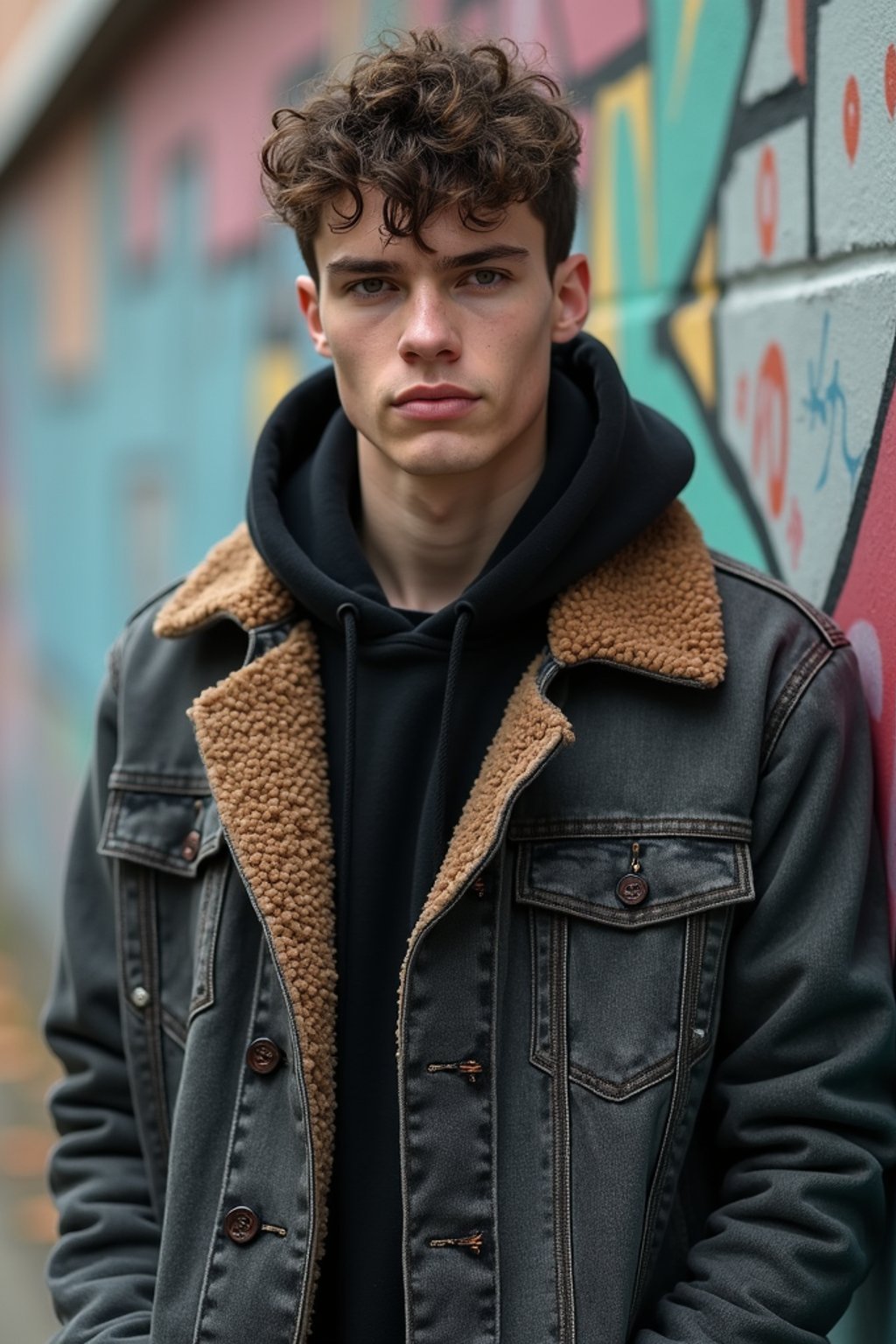 sharp and trendy man in Berlin wearing a grunge-inspired outfit, Berlin Wall in the background