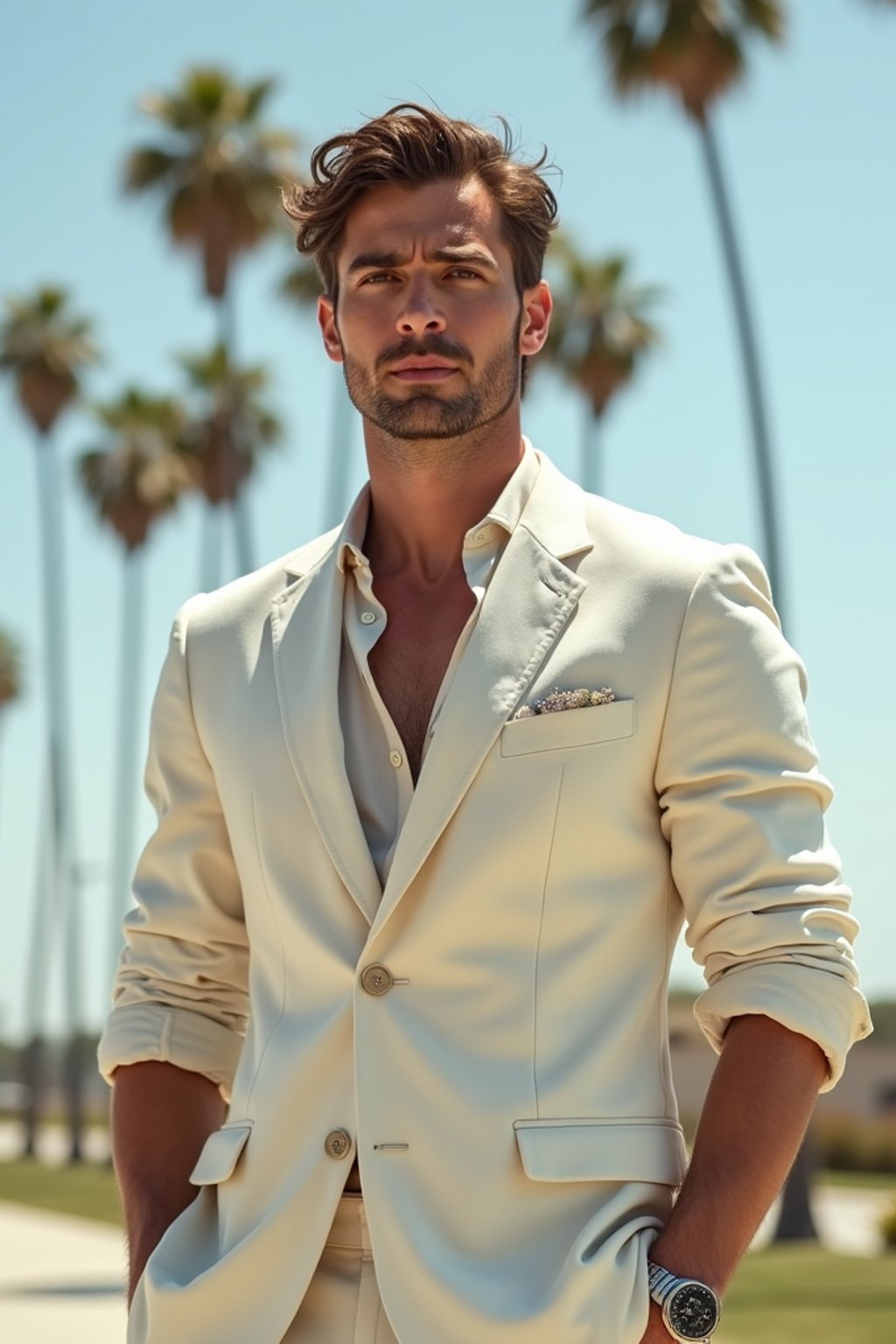 sharp and trendy man in Los Angeles wearing a summer dress/linen suit, palm trees in the background