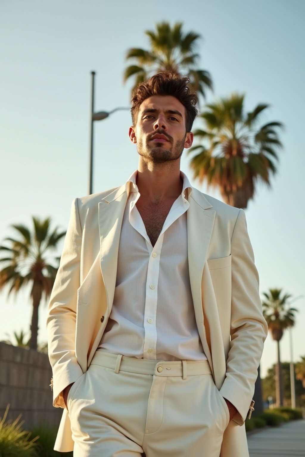 sharp and trendy man in Los Angeles wearing a summer dress/linen suit, palm trees in the background