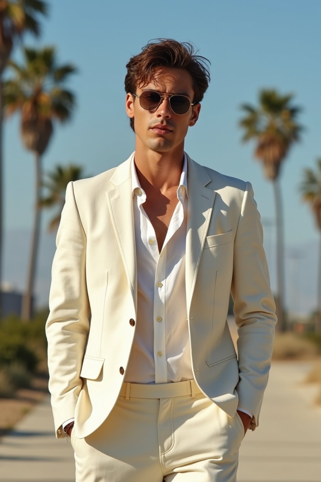 sharp and trendy man in Los Angeles wearing a summer dress/linen suit, palm trees in the background