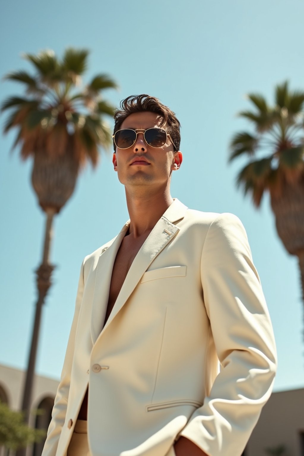 sharp and trendy man in Los Angeles wearing a summer dress/linen suit, palm trees in the background