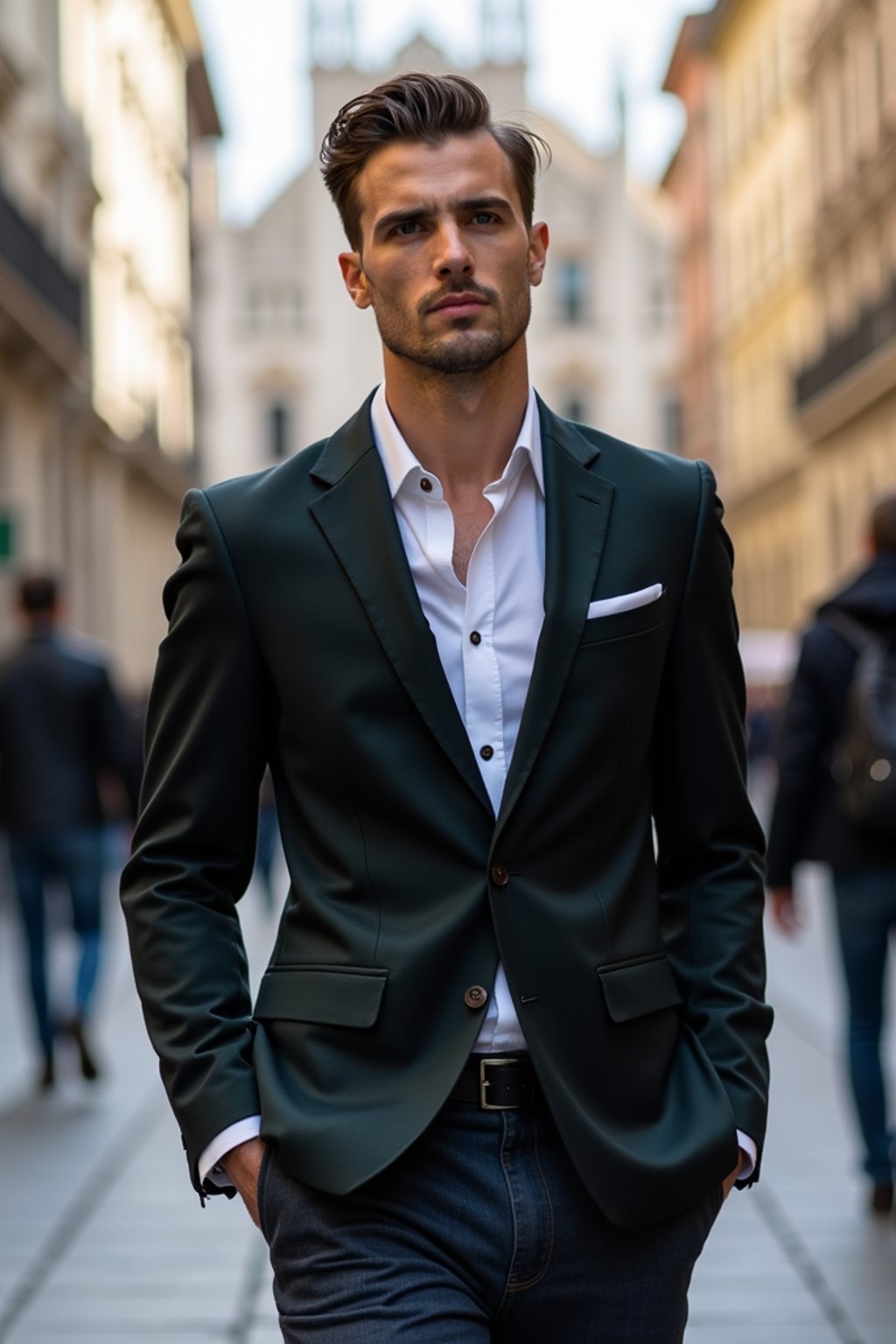 sharp and trendy man in Milan wearing a fashionable blazer and jeans, Duomo di Milano in the background