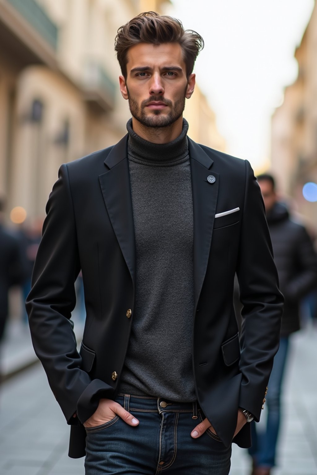 sharp and trendy man in Milan wearing a fashionable blazer and jeans, Duomo di Milano in the background