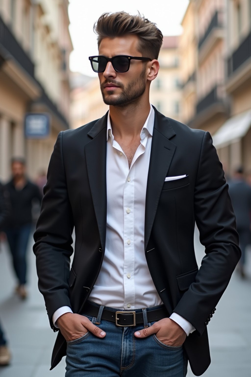 sharp and trendy man in Milan wearing a fashionable blazer and jeans, Duomo di Milano in the background