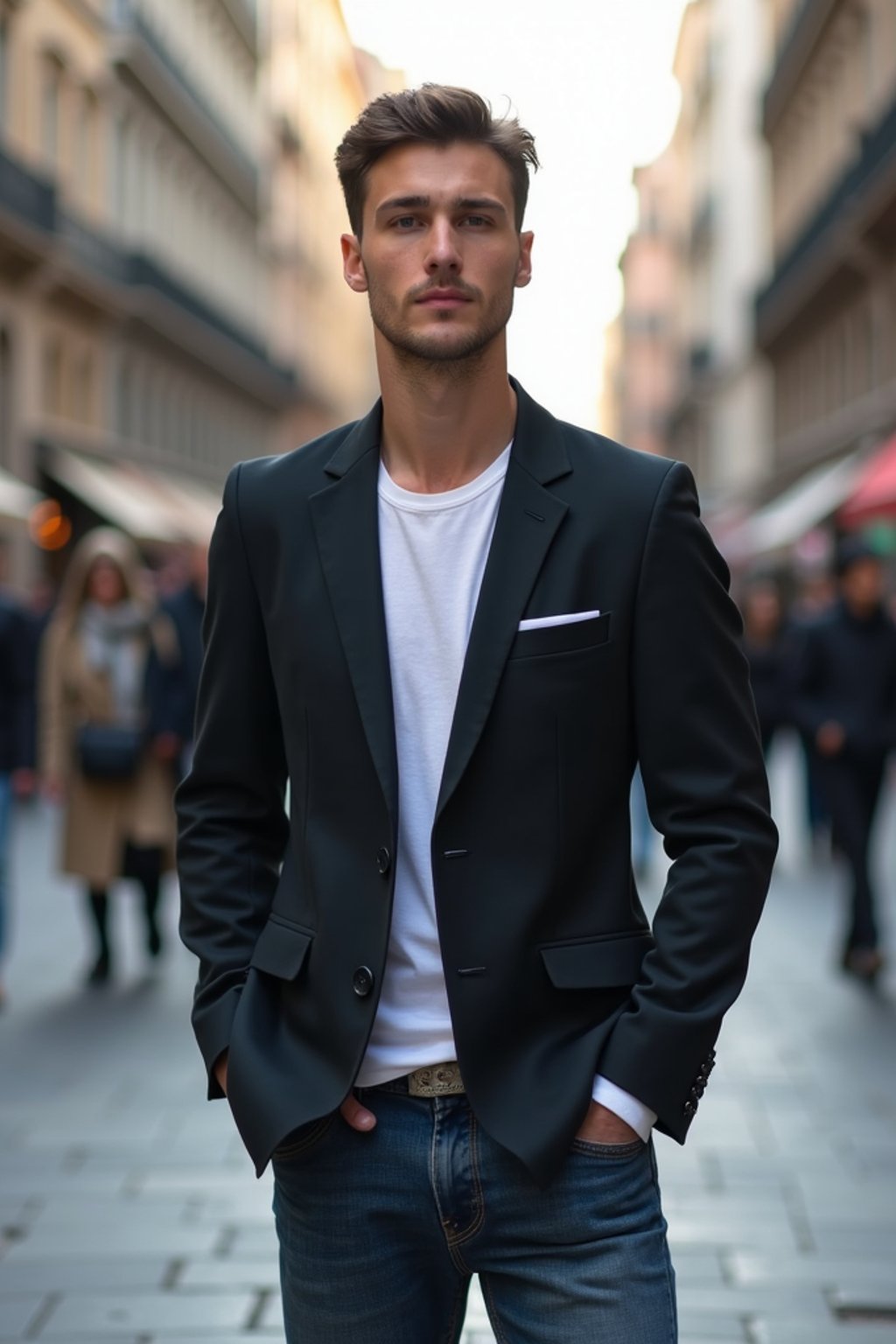 sharp and trendy man in Milan wearing a fashionable blazer and jeans, Duomo di Milano in the background