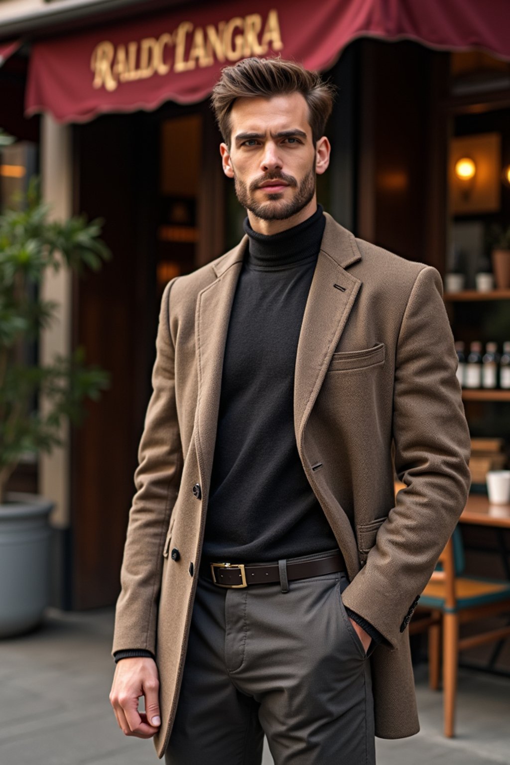 sharp and trendy man in Milan wearing high fashion attire in front of a classic Italian café