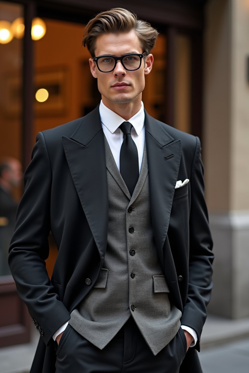 sharp and trendy man in Milan wearing high fashion attire in front of a classic Italian café