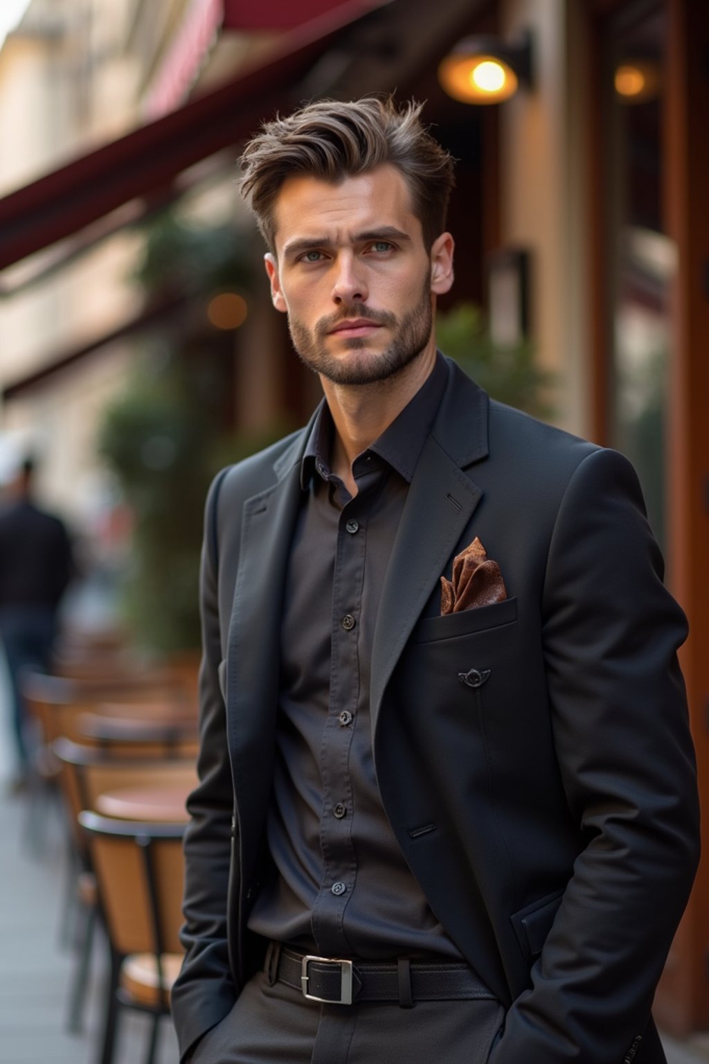 sharp and trendy man in Milan wearing high fashion attire in front of a classic Italian café