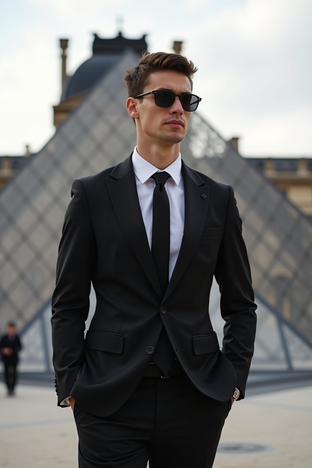 sharp and trendy man in Paris wearing a chic black dress/suit, Louvre pyramid in the background