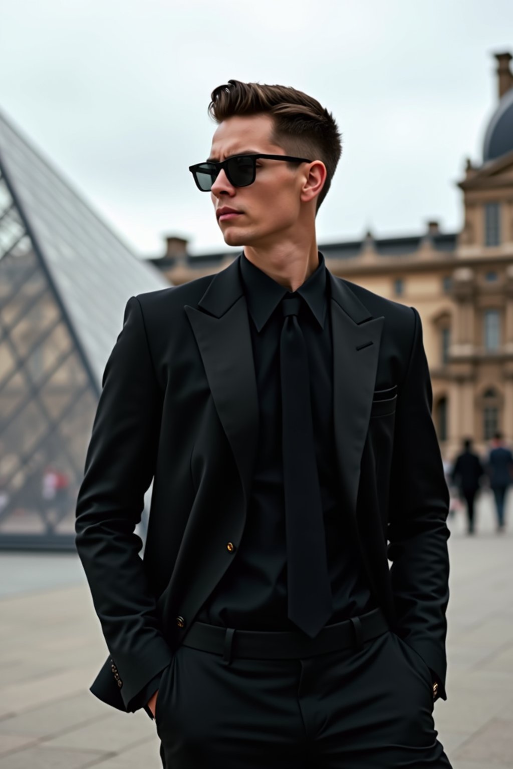 sharp and trendy man in Paris wearing a chic black dress/suit, Louvre pyramid in the background