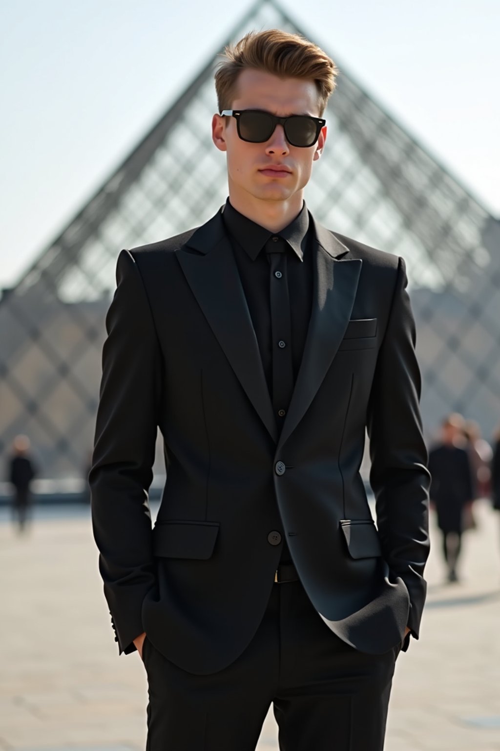 sharp and trendy man in Paris wearing a chic black dress/suit, Louvre pyramid in the background