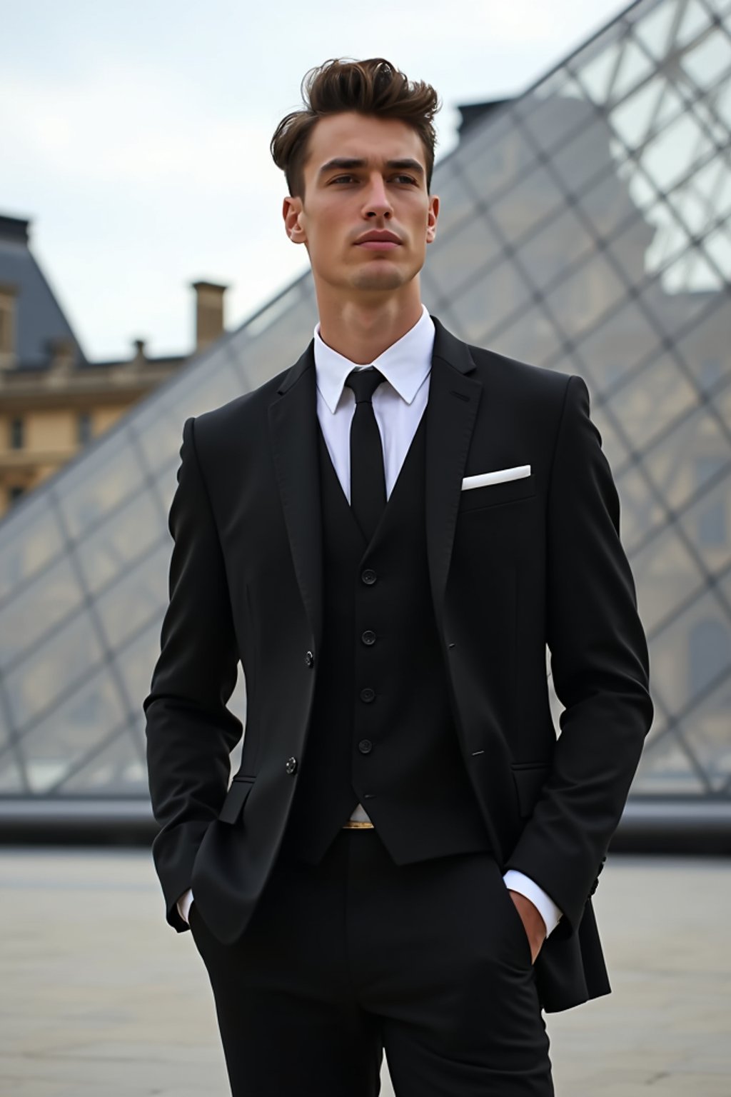 sharp and trendy man in Paris wearing a chic black dress/suit, Louvre pyramid in the background