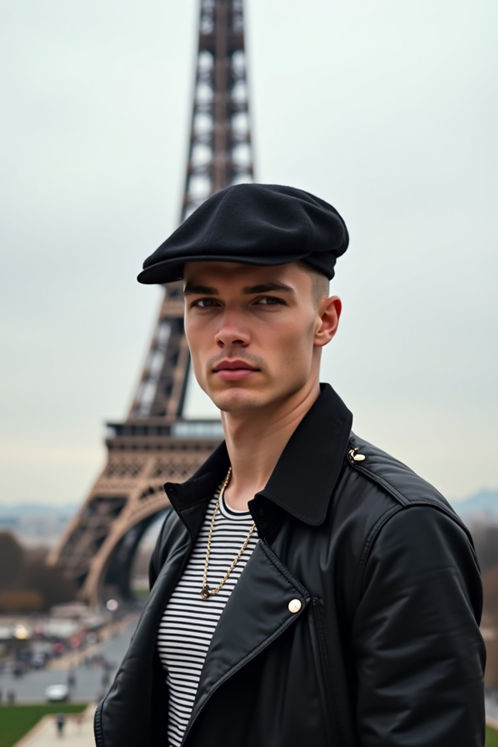 sharp and trendy man in Paris, wearing a beret and striped top, Eiffel Tower in the background