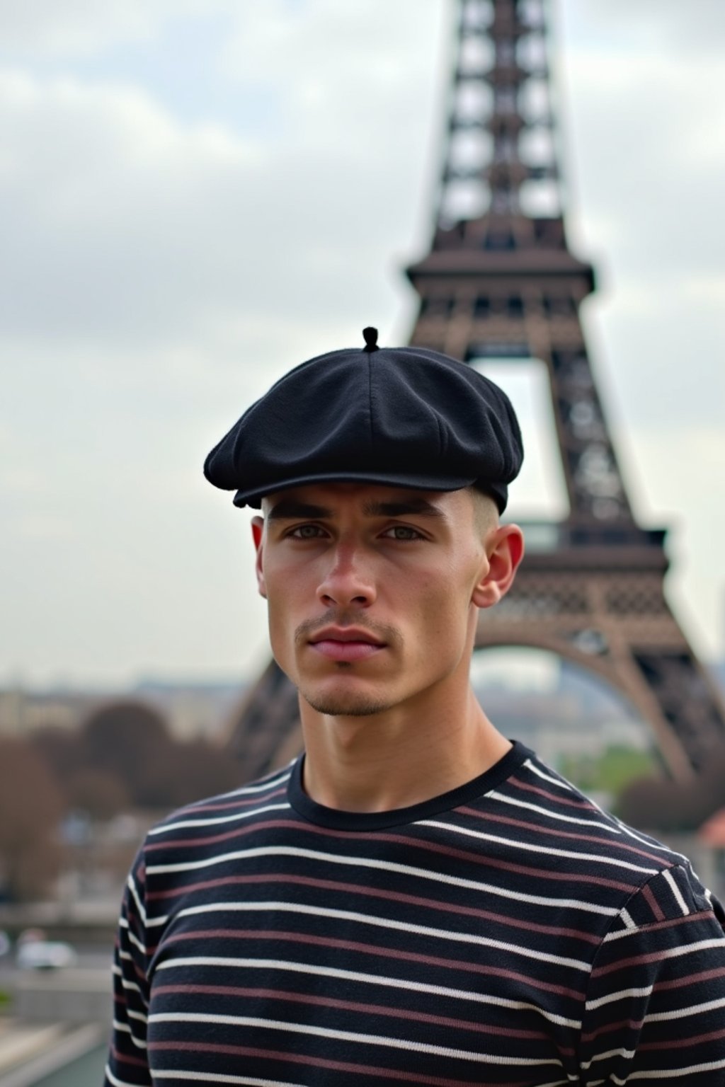 sharp and trendy man in Paris, wearing a beret and striped top, Eiffel Tower in the background