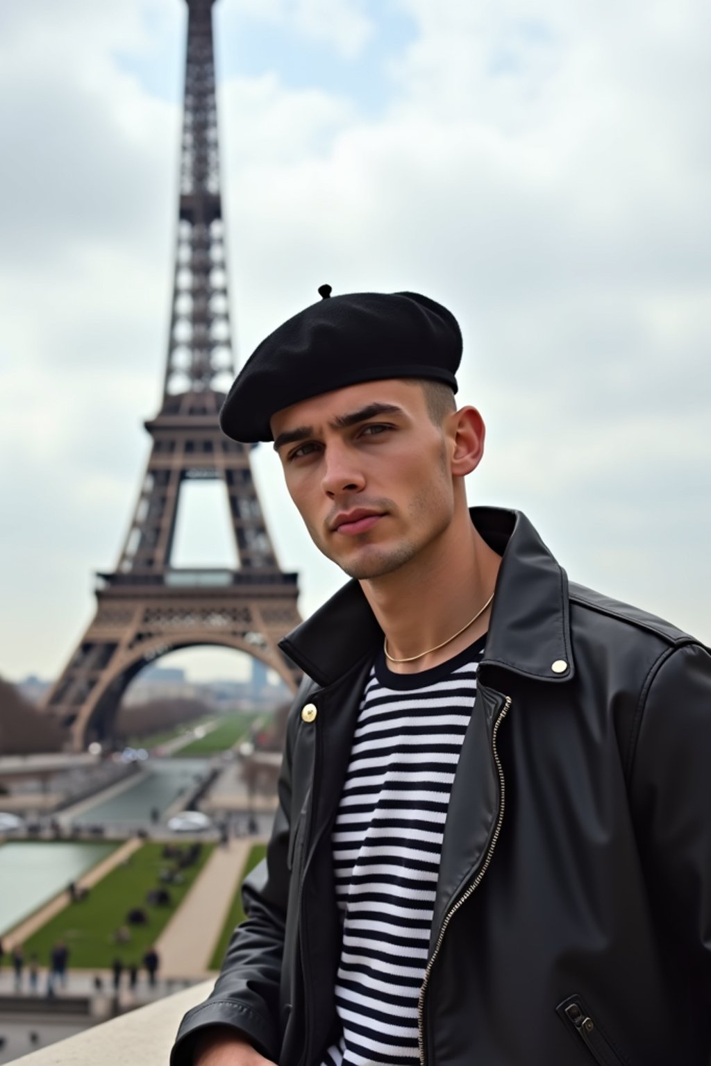 sharp and trendy man in Paris, wearing a beret and striped top, Eiffel Tower in the background