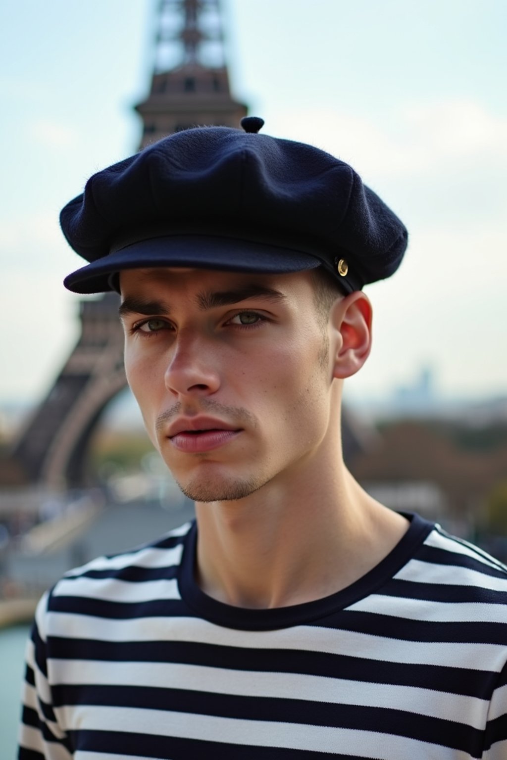 sharp and trendy man in Paris, wearing a beret and striped top, Eiffel Tower in the background