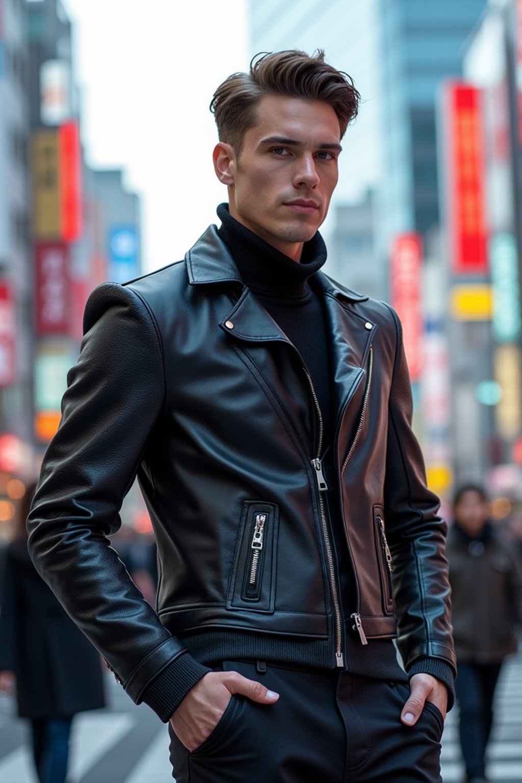 sharp and trendy man in Tokyo wearing a futuristic outfit, Shibuya crossing in the background