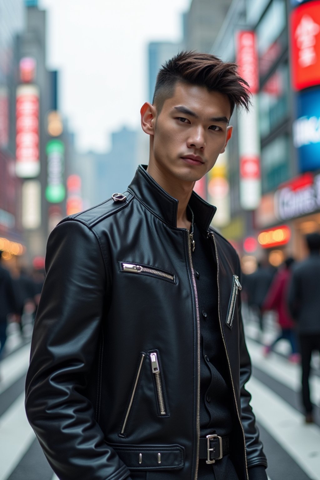 sharp and trendy man in Tokyo wearing a futuristic outfit, Shibuya crossing in the background