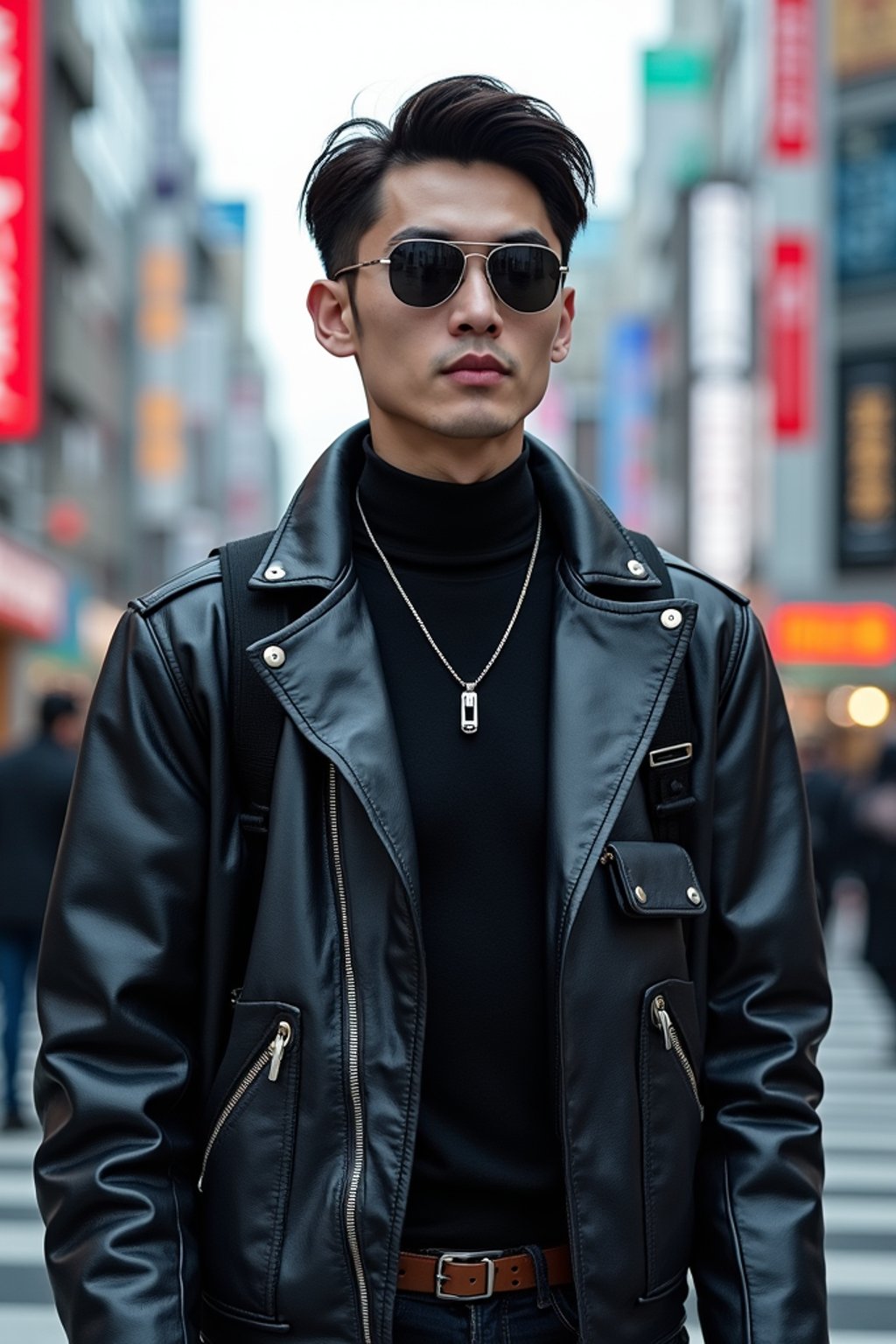 sharp and trendy man in Tokyo wearing a futuristic outfit, Shibuya crossing in the background