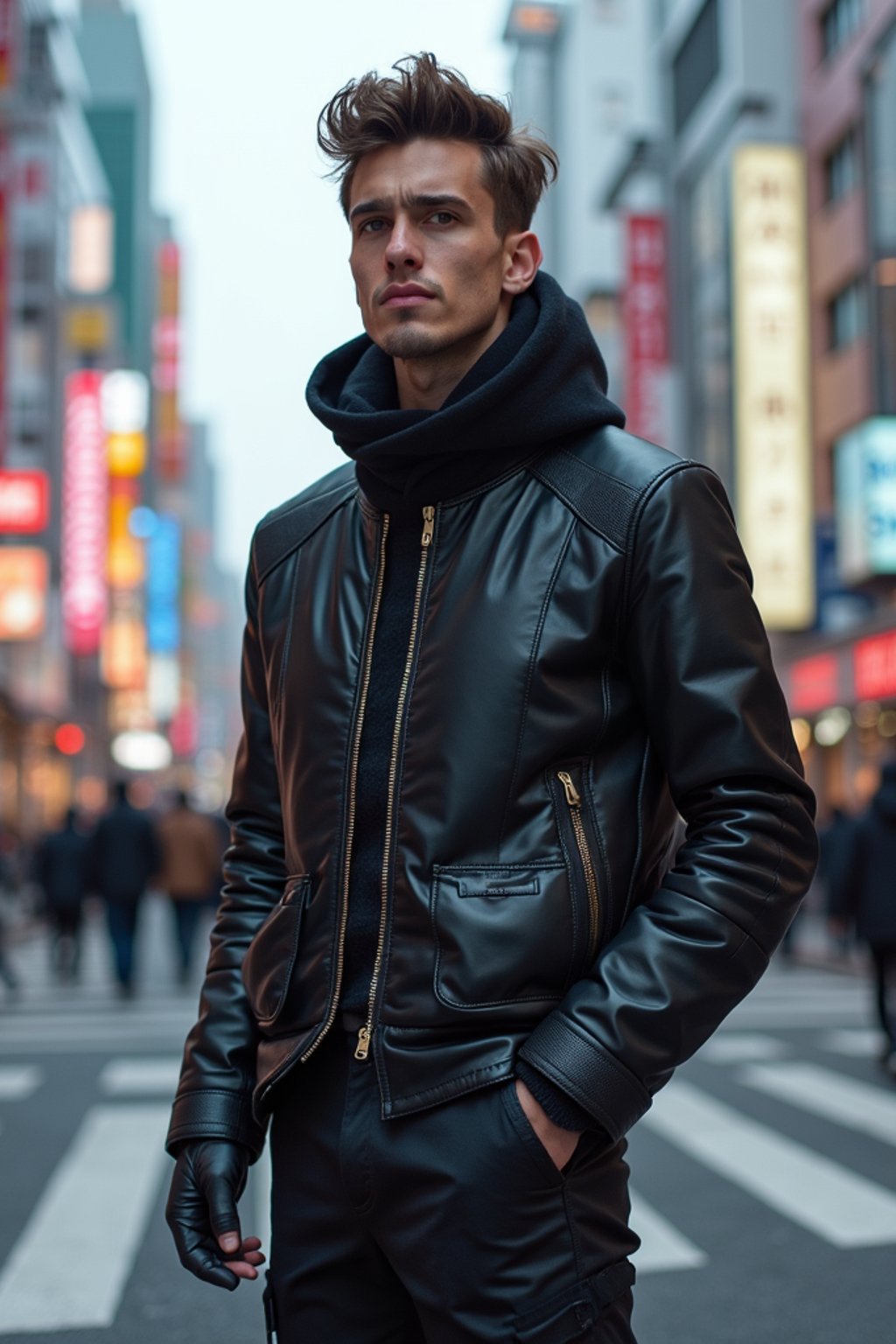 sharp and trendy man in Tokyo wearing a futuristic outfit, Shibuya crossing in the background