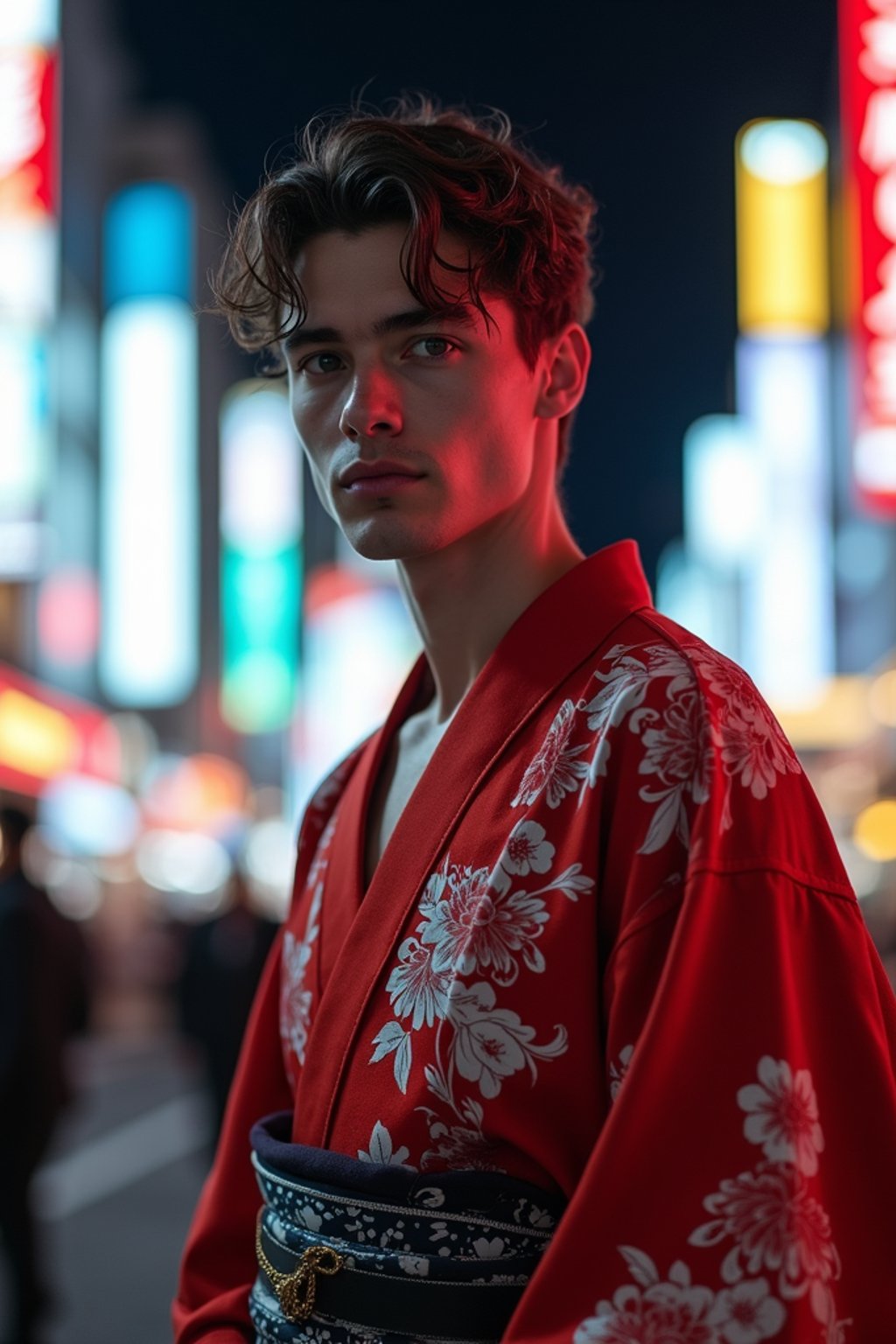 sharp and trendy man in Tokyo wearing a modern take on a traditional kimono, neon lights of the city in the background