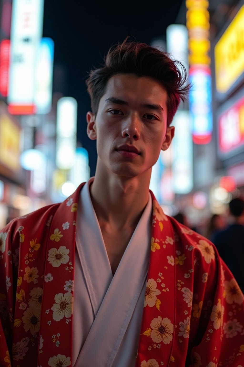 sharp and trendy man in Tokyo wearing a modern take on a traditional kimono, neon lights of the city in the background