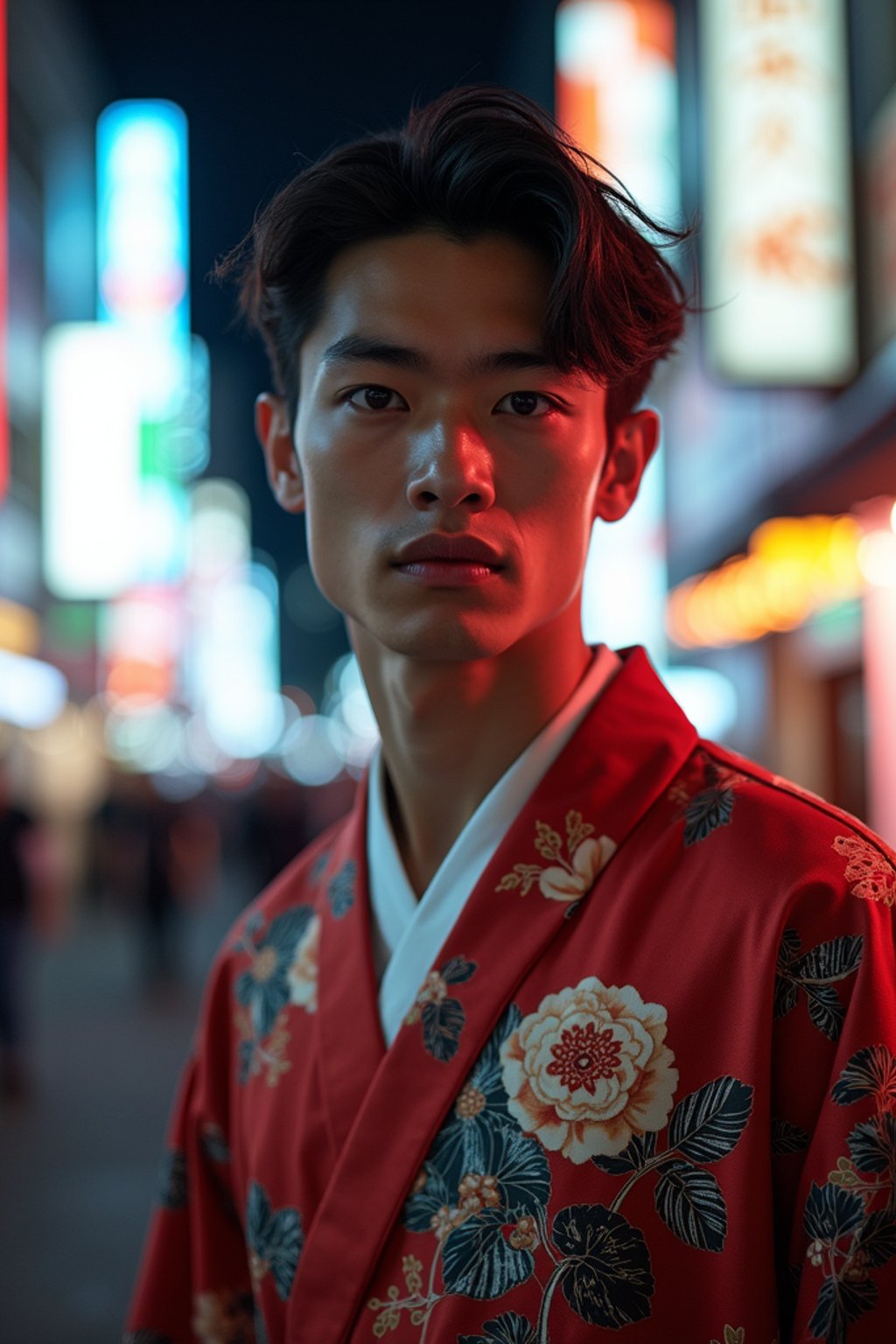 sharp and trendy man in Tokyo wearing a modern take on a traditional kimono, neon lights of the city in the background