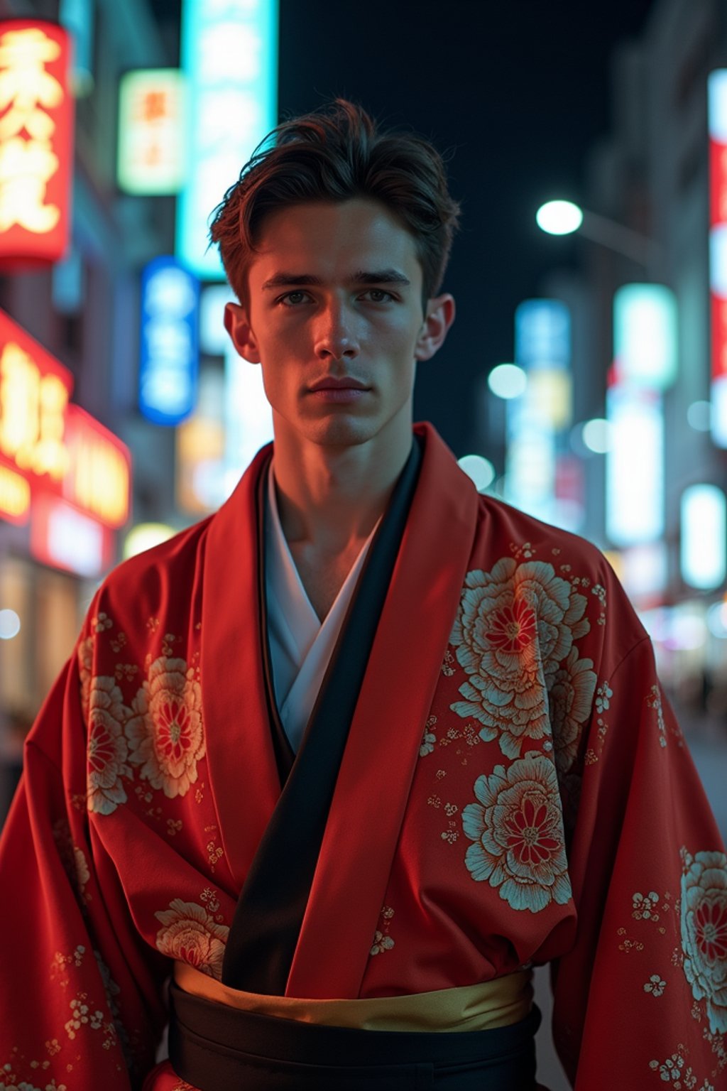 sharp and trendy man in Tokyo wearing a modern take on a traditional kimono, neon lights of the city in the background