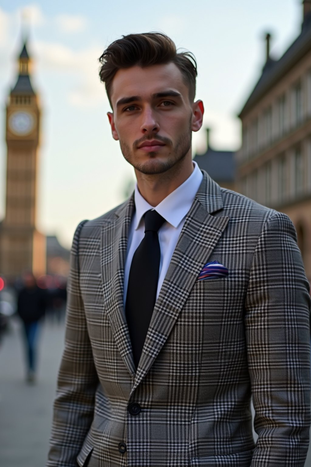 sharp and trendy man in London wearing a checkered suit, Big Ben in the background