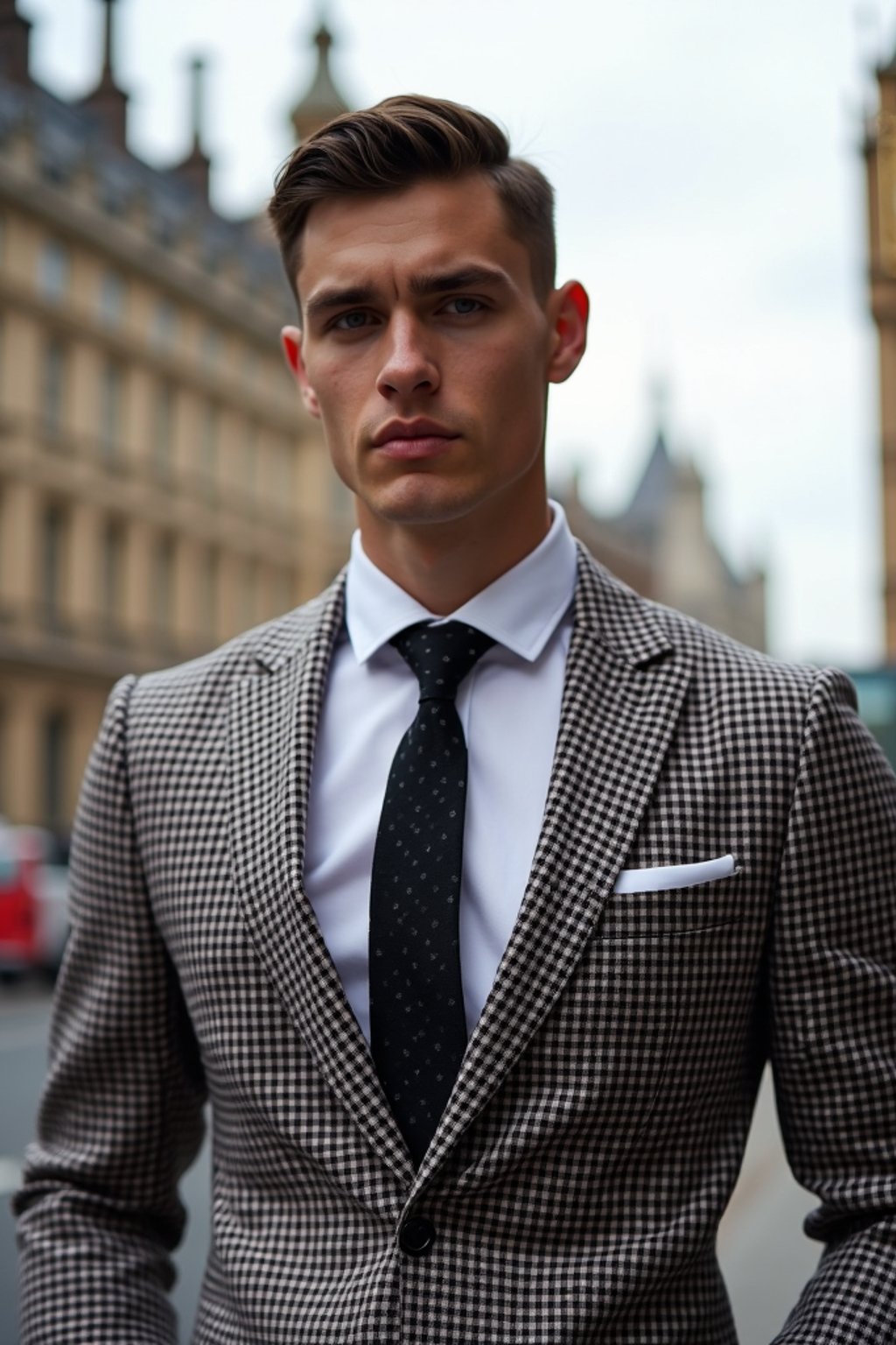 sharp and trendy man in London wearing a checkered suit, Big Ben in the background