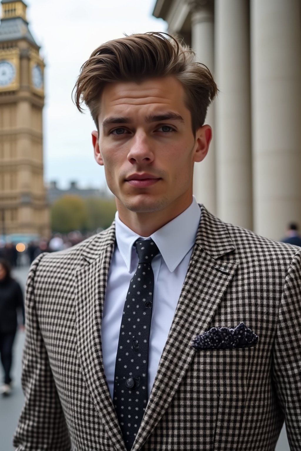 sharp and trendy man in London wearing a checkered suit, Big Ben in the background