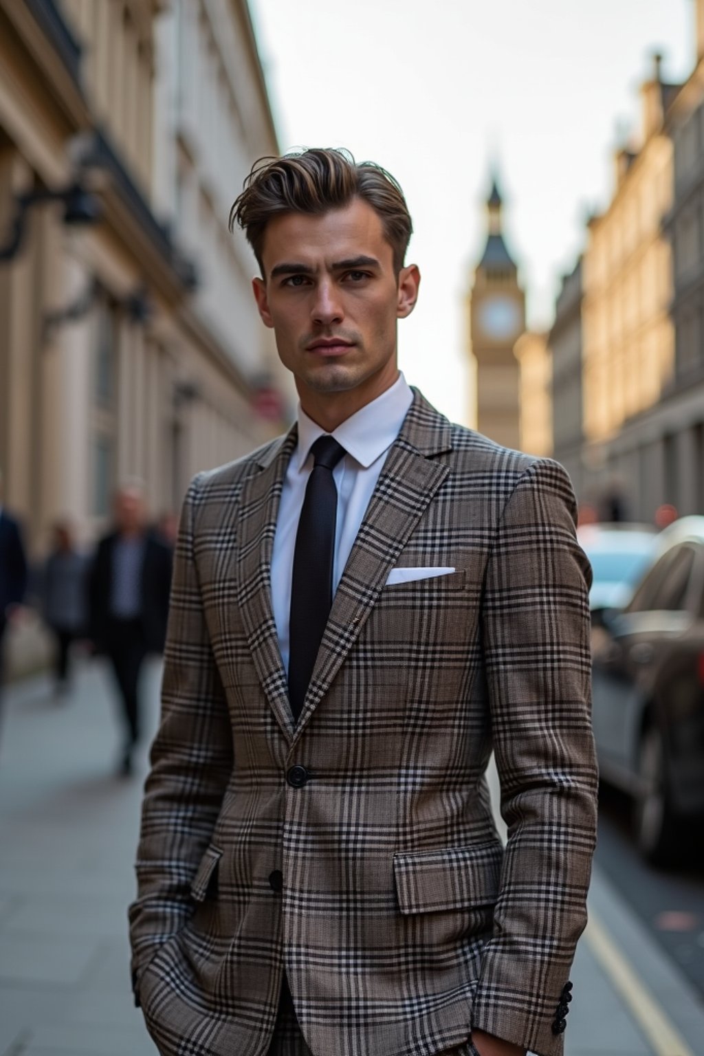 sharp and trendy man in London wearing a checkered suit, Big Ben in the background