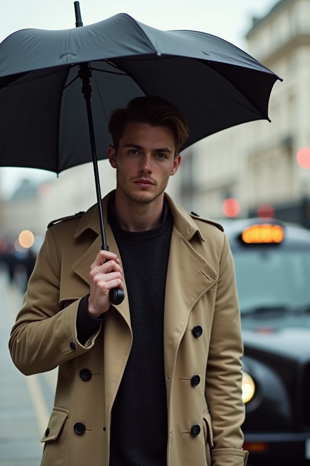 sharp and trendy man in London sporting a trench coat and holding an umbrella, iconic London cab in the background