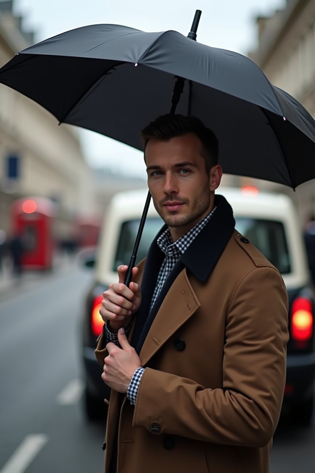 sharp and trendy man in London sporting a trench coat and holding an umbrella, iconic London cab in the background