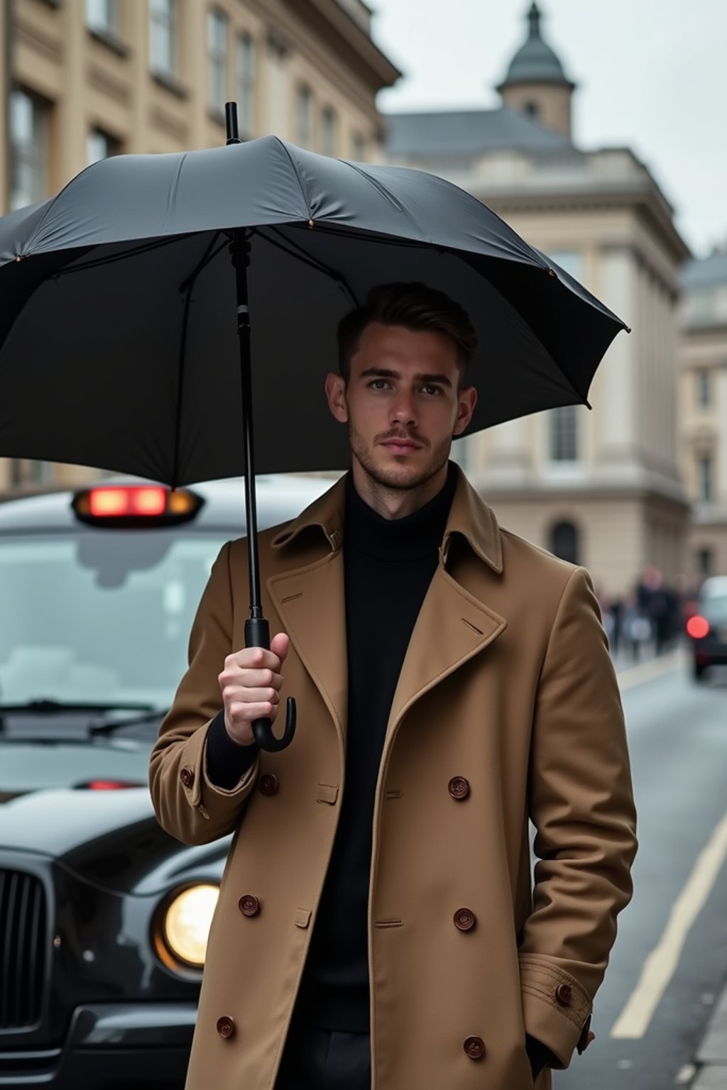 sharp and trendy man in London sporting a trench coat and holding an umbrella, iconic London cab in the background