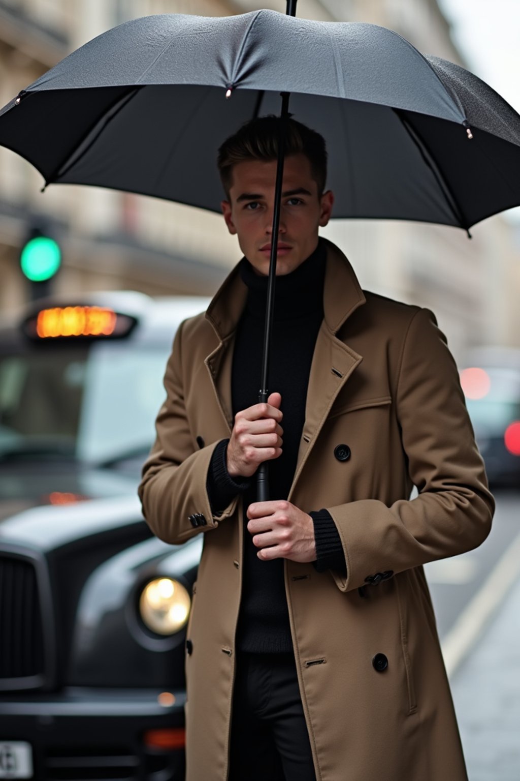 sharp and trendy man in London sporting a trench coat and holding an umbrella, iconic London cab in the background