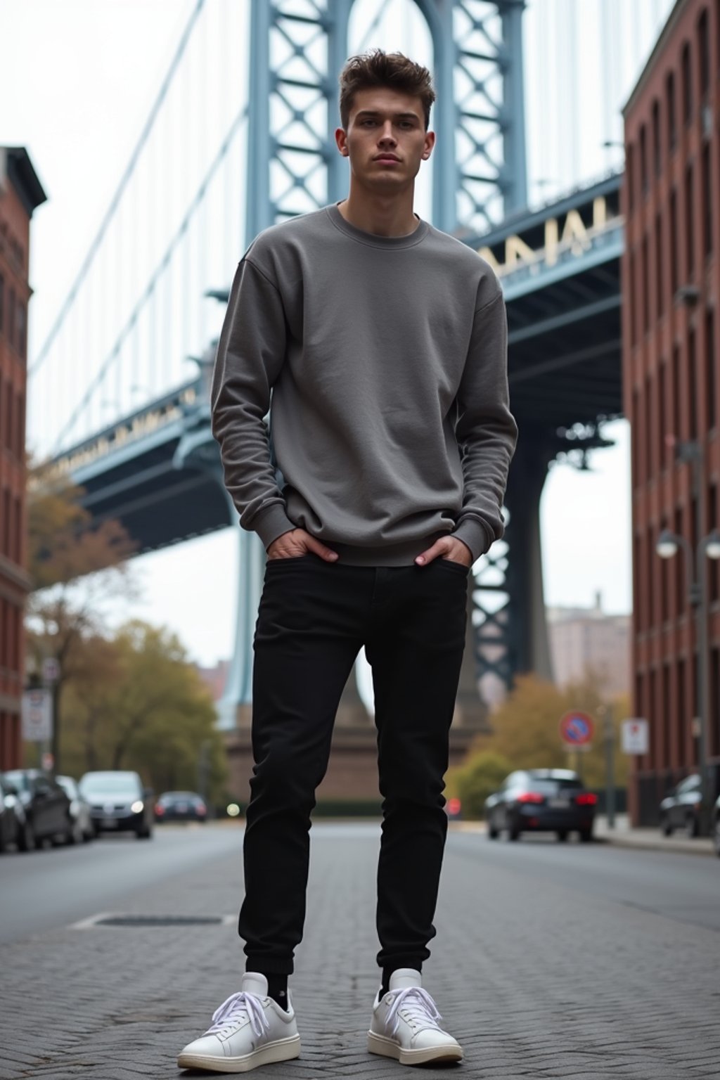 sharp and trendy man in New York City wearing an oversized sweatshirt and high top sneakers, Brooklyn Bridge in the background