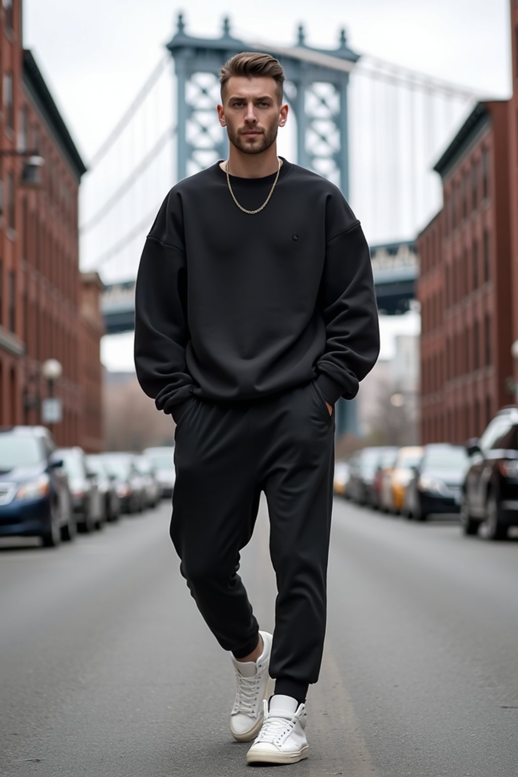 sharp and trendy man in New York City wearing an oversized sweatshirt and high top sneakers, Brooklyn Bridge in the background