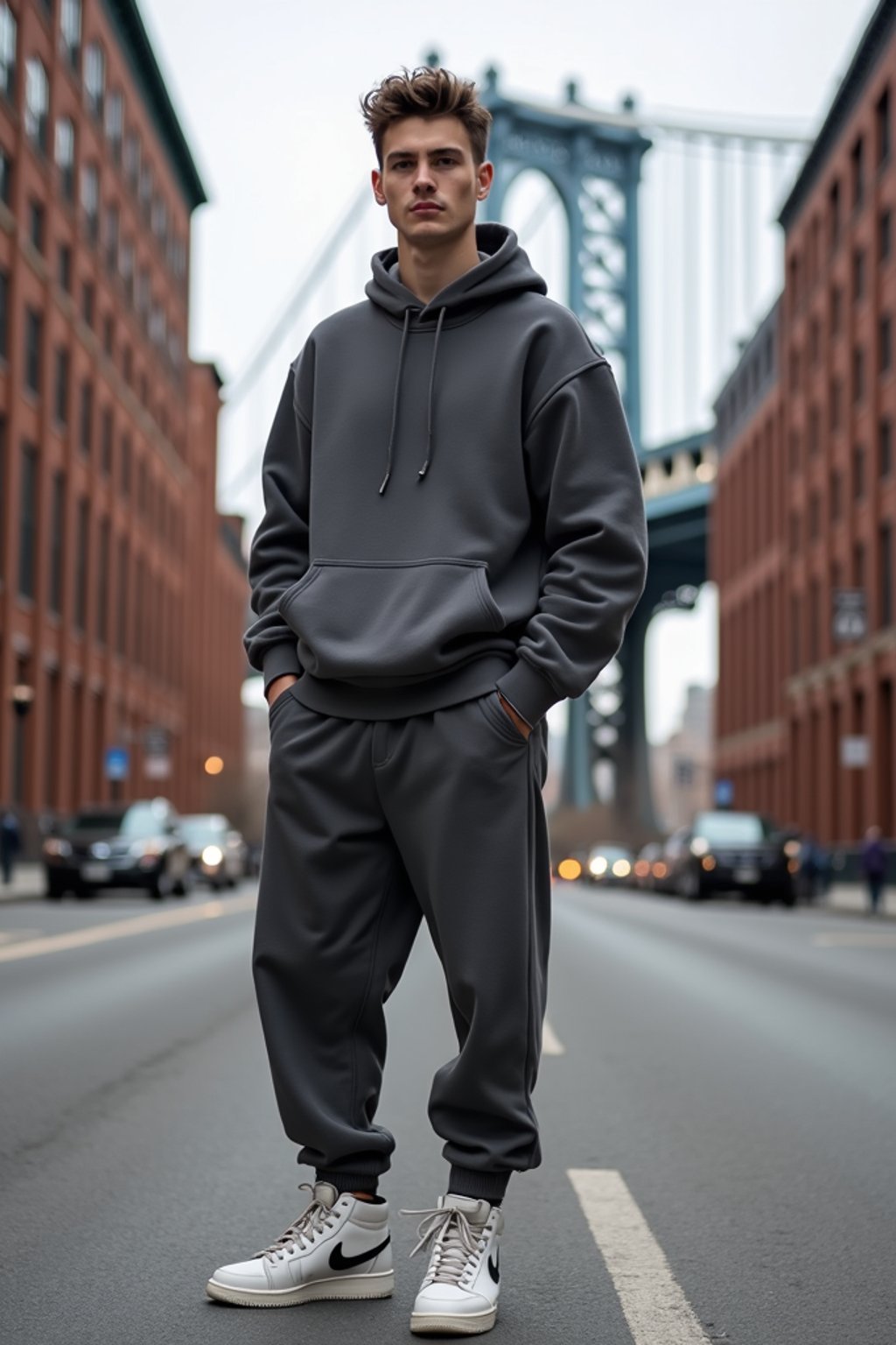 sharp and trendy man in New York City wearing an oversized sweatshirt and high top sneakers, Brooklyn Bridge in the background