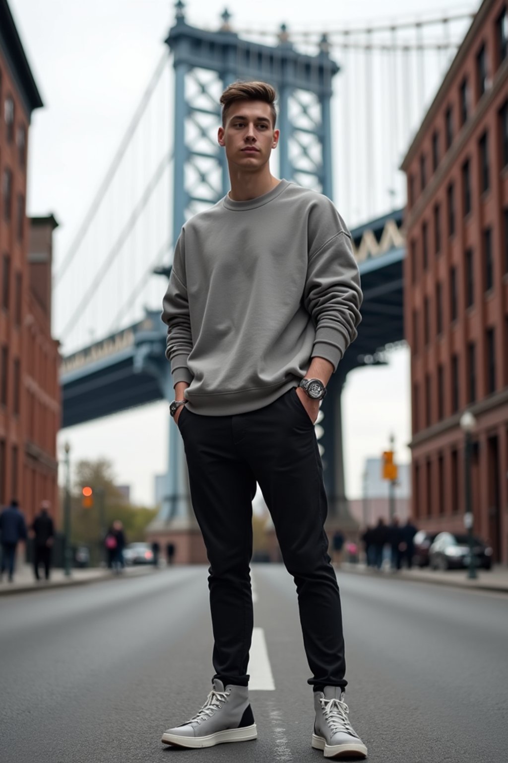 sharp and trendy man in New York City wearing an oversized sweatshirt and high top sneakers, Brooklyn Bridge in the background