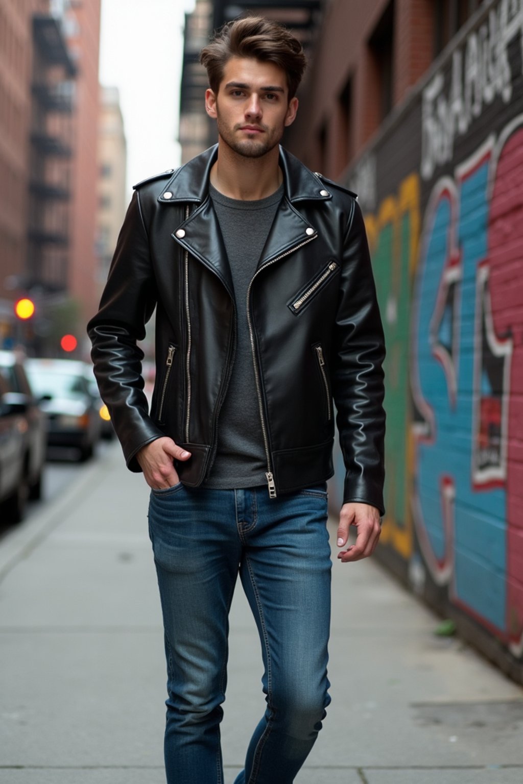 sharp and trendy man in New York City wearing a leather jacket, jeans, and boots with urban graffiti in the background