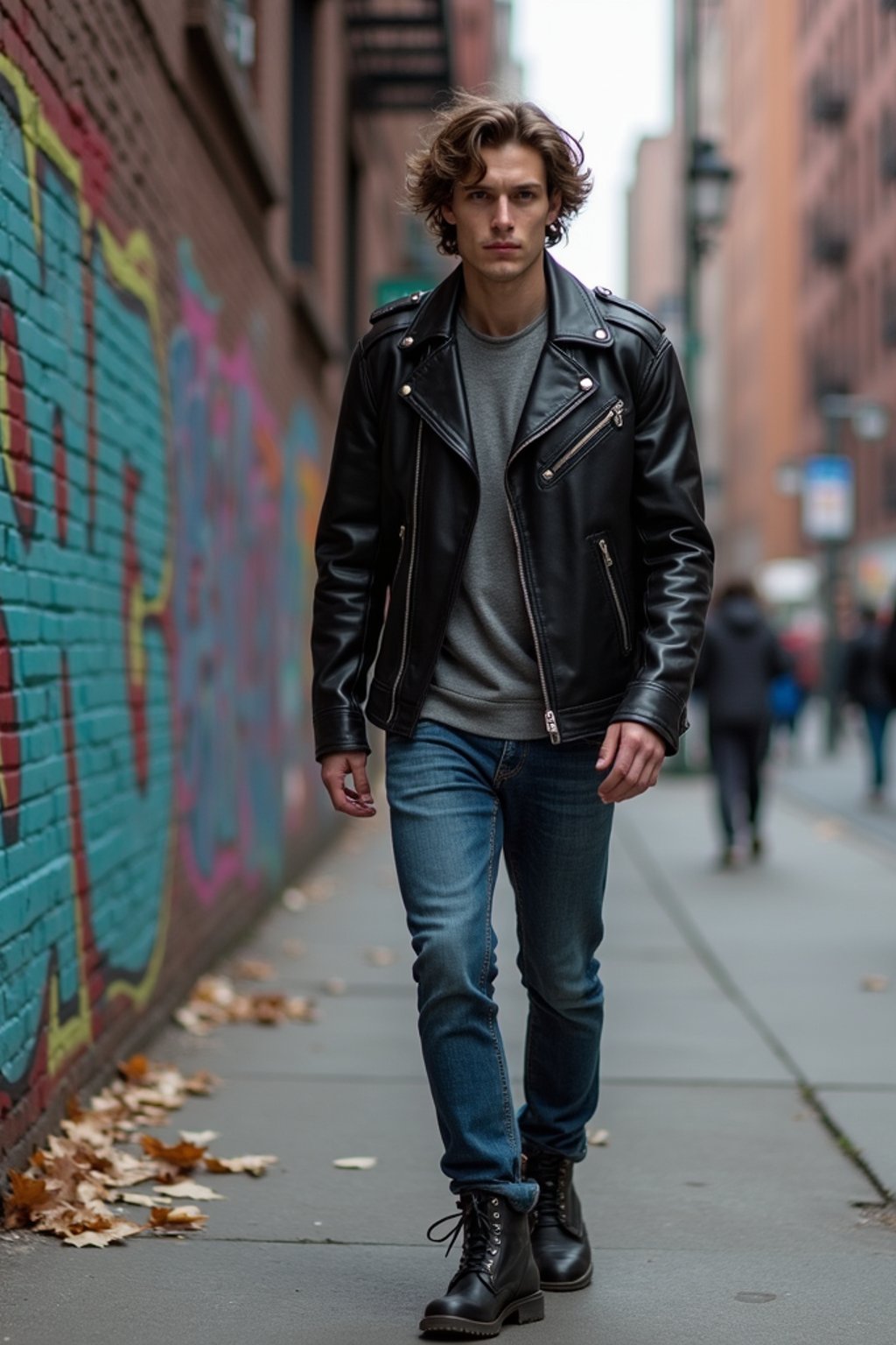 sharp and trendy man in New York City wearing a leather jacket, jeans, and boots with urban graffiti in the background