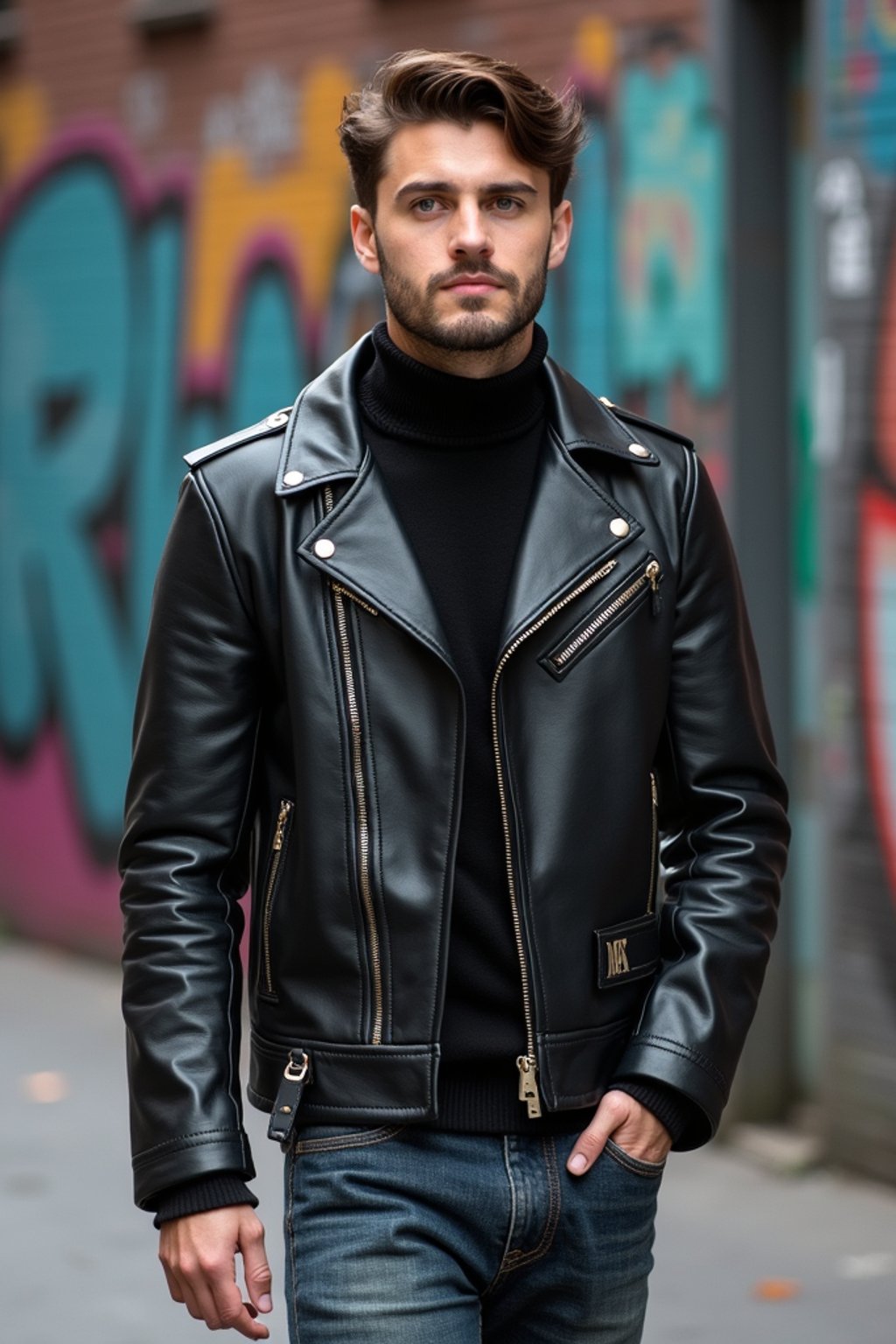 sharp and trendy man in New York City wearing a leather jacket, jeans, and boots with urban graffiti in the background