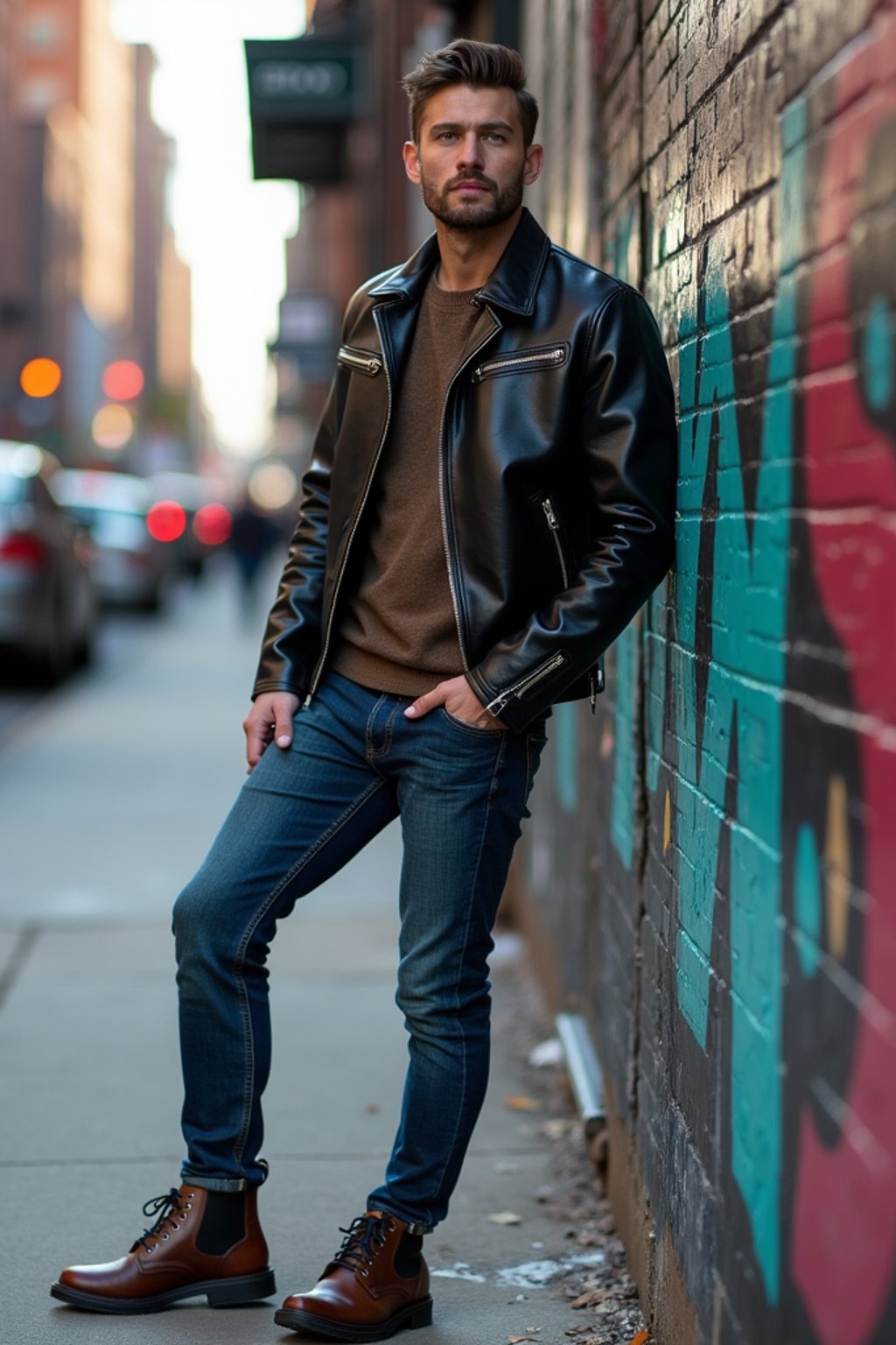 sharp and trendy man in New York City wearing a leather jacket, jeans, and boots with urban graffiti in the background