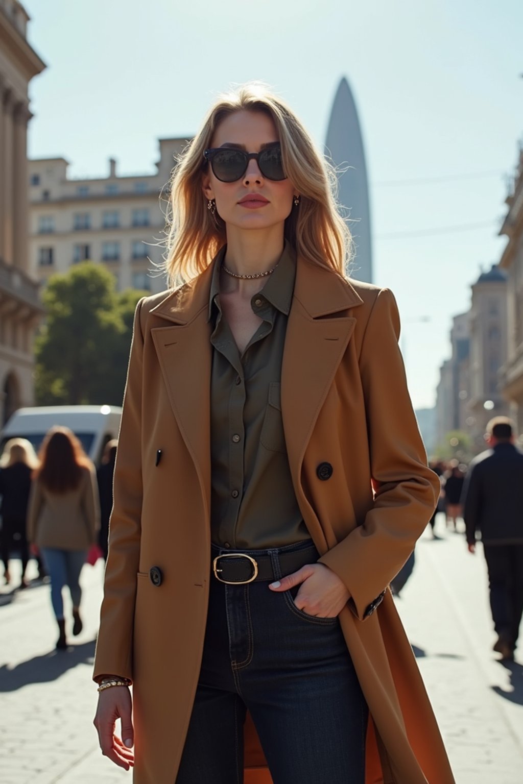 stylish and chic  woman in Buenos Aires wearing a modern street style outfit, Obelisco de Buenos Aires in the background