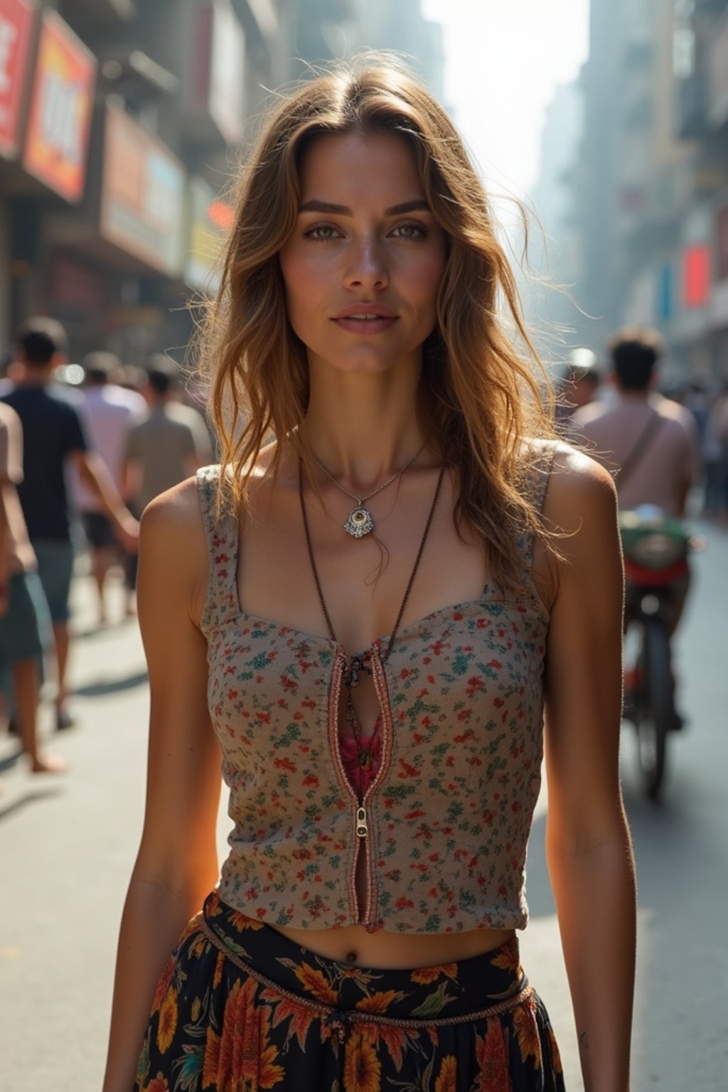 stylish and chic  woman in Mumbai wearing a contemporary fusion outfit, bustling streets of Mumbai in the background