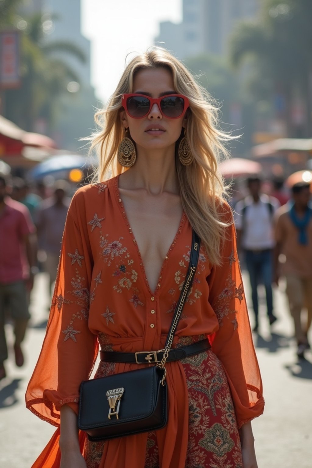 stylish and chic  woman in Mumbai wearing a contemporary fusion outfit, bustling streets of Mumbai in the background