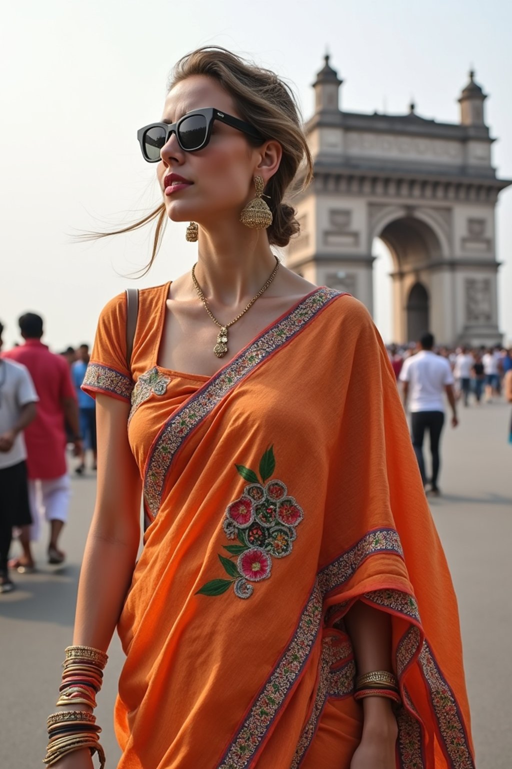 stylish and chic  woman in Mumbai wearing a vibrant saree/kurta, Gateway of India in the background