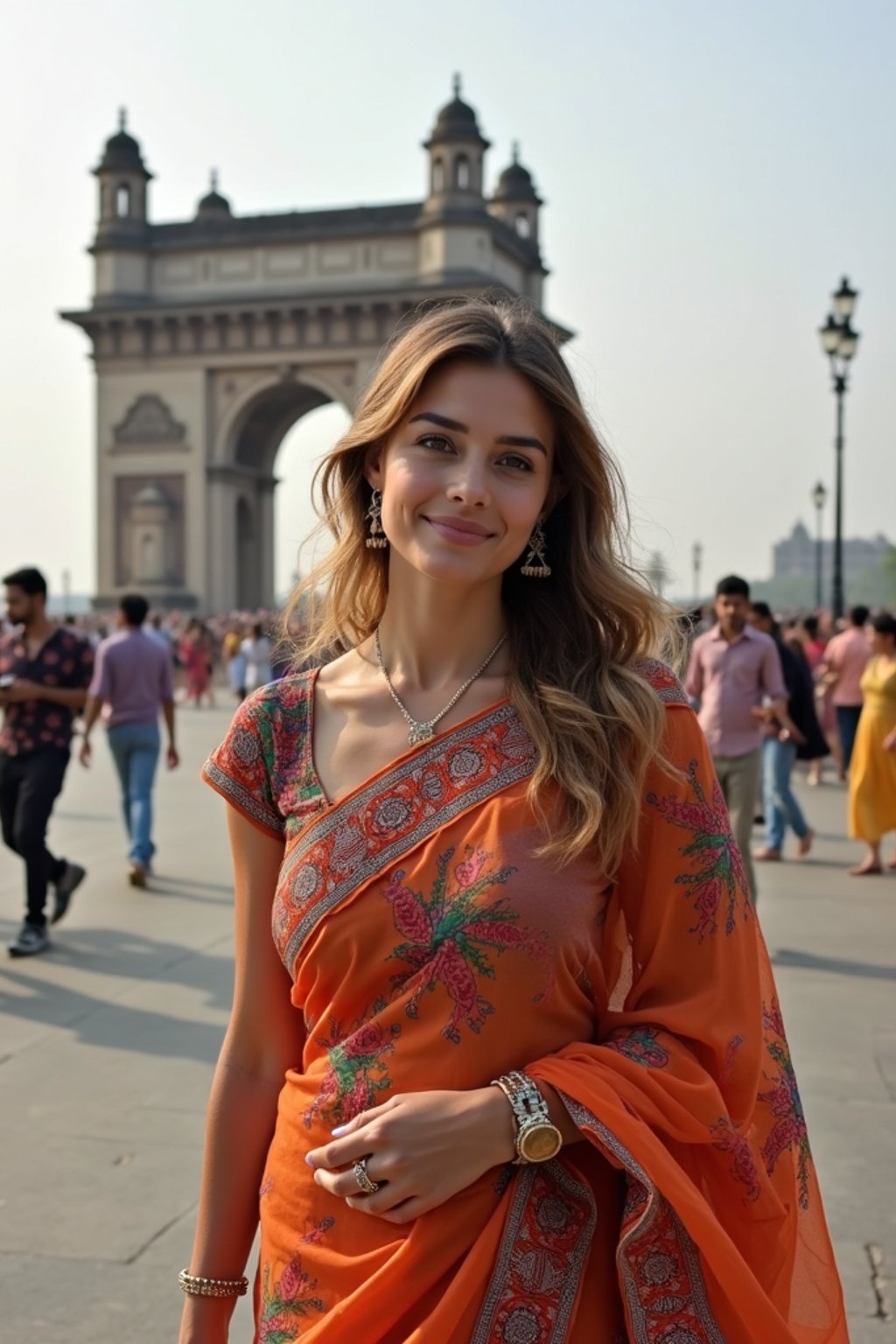 stylish and chic  woman in Mumbai wearing a vibrant saree/kurta, Gateway of India in the background